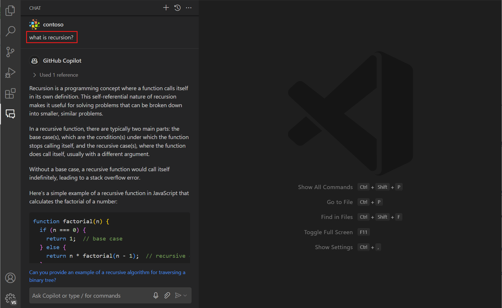 Screenshot of VS Code editor, showing the Copilot Chat view containing the answer to what recursion is. The result contains both text and a code block.